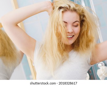 Happy Young Blonde Woman After Waking Up In Bathroom. Female Feeling Great Fresh And Clean.