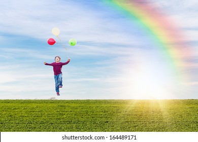 Happy Young Boy Levitating Helium Balloons Stock Photo 164489171 ...