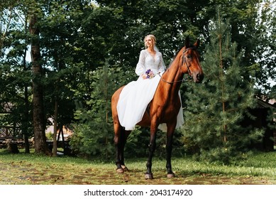 Happy young bride in white wedding dress and with bouquet sits astride brown horse. Smiling beautiful bride rider outdoors looking to the side. Wedding ceremony, marriage concept.