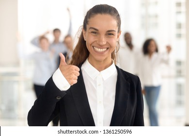 Happy Young Business Woman Manager And Team People Showing Thumbs Up As Good Service Satisfied Client Concept, Smiling Customer Hr Raise Finger Looking At Camera Recommend Best Choice, Portrait