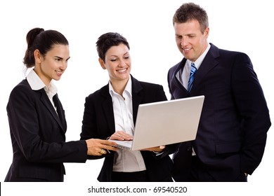 Happy Young Businesspeople Looking At Laptop Computer Screen, Laughing. Isolated On White.