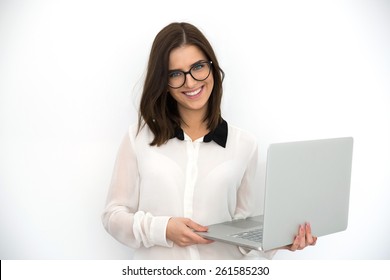 Happy Young Businesswoman Standing With Laptop, Vignette