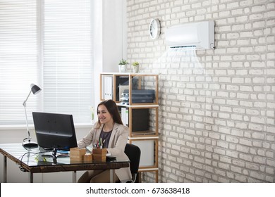 Happy Young Businesswoman Working In Office With Air Conditioning