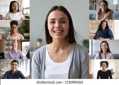 Happy Young Caucasian Female Engaged In Online Training Or Course With Multiracial Women, Smiling Diverse Girlfriends Colleagues Have Fun Talking On Video Call From Home, Webcam Conference Concept