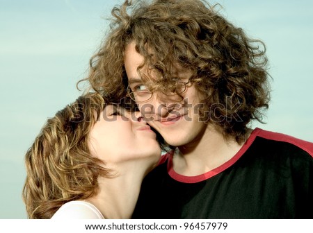 Similar – Image, Stock Photo Studio portrait of a young couple hugging