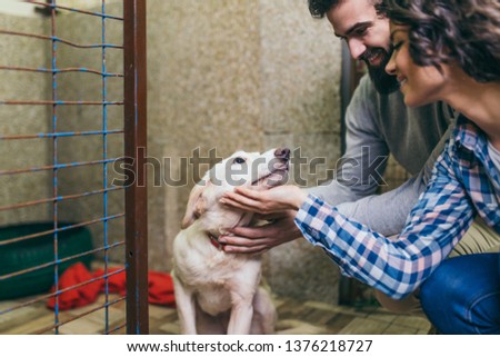 Happy young couple at dog shelter adopting a dog.