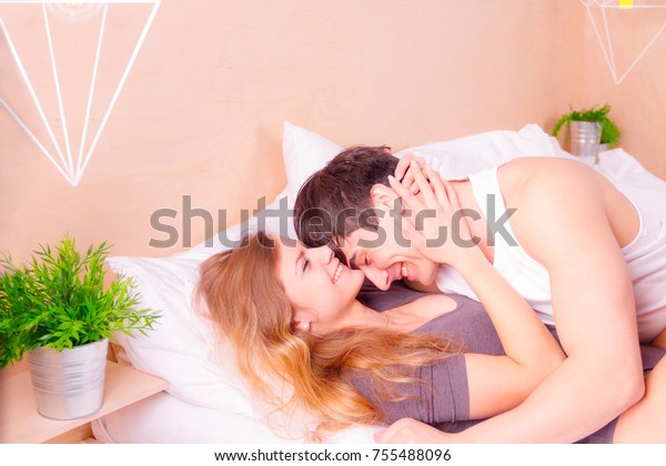 Happy Young Couple Love Hugging Home People Stock Image