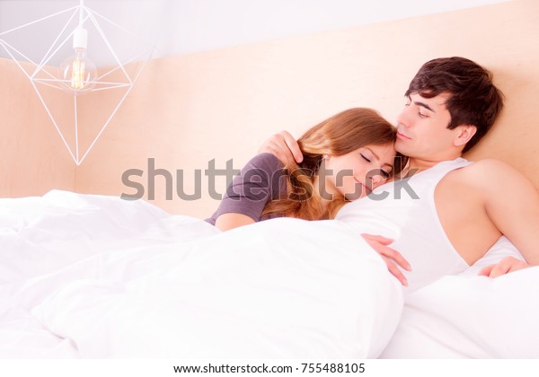 Happy Young Couple Love Hugging Home People Stock Image