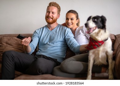 Happy Young Couple Playing, Relaxing With Pet Dog At Home