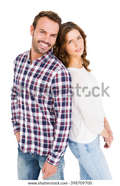 Happy Young Couple Standing Back Back Stock Photo (Edit Now) 398709700