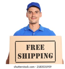 Happy Young Courier With Cardboard Box On White Background. Free Shipping