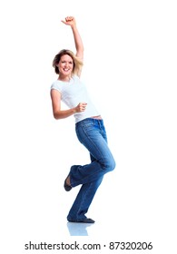 Happy Young Dancing Woman. Isolated Over White Background.