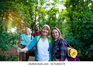 Happy Young Diverse People Walking In Woods. Friends Trekking In Green Forest. Copy Space