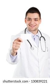 Happy young doctor showing blank business card.