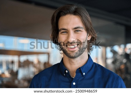 Image, Stock Photo Handsome young man with stylish haircut. Portrait of teen boy with youth hairstyle is standing on grey background.