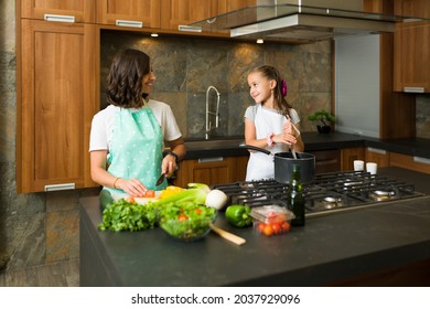 Happy Young Family Making Dinner Together In The Kitchen. Caucasian Mom And Daughter Smiling While Preparing Lunch