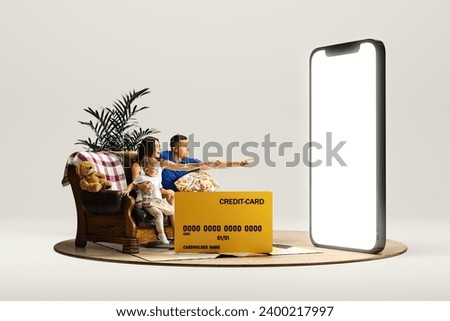 Happy young family, man, woman and child sitting on couch with credit card and pointing at 3D model of mobile phone with empty screen over light background. Mockup for text, ad, design, logo