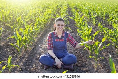 Happy young farmer girl sitting in corn field in early summertime