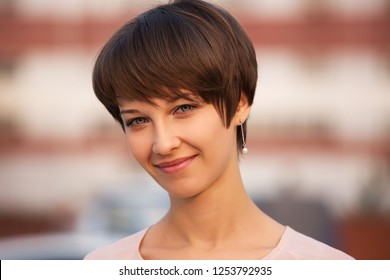 Happy Young Fashion Woman Walking On City Street Stylish Female Model With Pixie Hair 