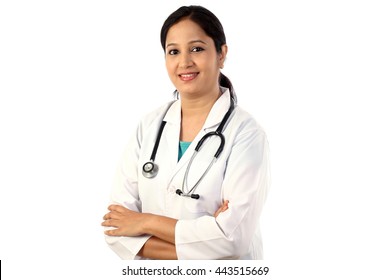 Happy Young Female Doctor Against White Background