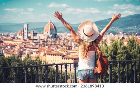 Happy young female tourist enjoying old town of Florence- tour tourism,travel, vacation in Italy-Europa