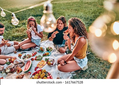 Happy Young Friends Group Enjoying Picnic Party. Top View