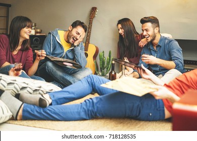 Happy Young Friends Having Fun At Home Listening Vintage Vinyl Disc Music In Living Room - Group Of People Enjoying Their Time In Apartment Drinking Shots And Laughing