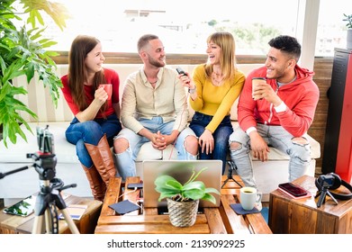 Happy Young Friends Streaming Live Vlogging Smiling At Their Followers Via Camera - Millennial Bloggers Create Web Content For Their Followers - Students Enjoying Vlogging Live Feed On Social Networks