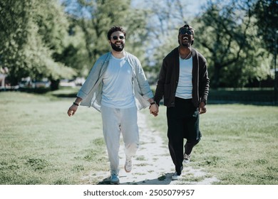 A happy, young gay couple enjoys a sunny day together, holding hands and smiling as they walk in a lush park. - Powered by Shutterstock