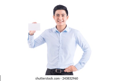 Happy Young Handsome Asian Man Holding And Showing Blank Card Ready For Your Text