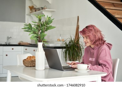 Happy Young Hipster Teen Girl School Student Freelancer With Pink Hair Using Laptop Computer Sit At Table Working Learning Online In Internet At Home Office Enjoy Morning Coffee In Cozy House Kitchen.