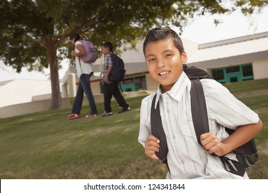 Happy Young Hispanic Boy With Backpack Ready For School.