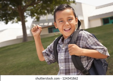 Happy Young Hispanic Boy With Backpack Ready For School.