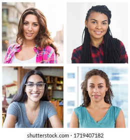 Happy young Indian, Latin, multiracial ladies portrait set. Smiling beautiful women and women of different races multiple shot collage. Positive human emotions concept