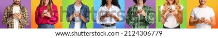 Happy young international men and women in casual, checking social networks, chatting and typing on smartphones, on colorful background, studio shot, collage, cropped. App, great offer, ad and devise