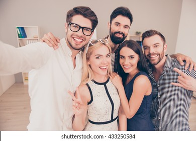 Happy Young Joyful  Group Of Businesspeople  Make Selfie Photo And Smiling