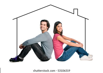 Happy Young Latin Couple Dreaming About Their New Home Isolated On White Background