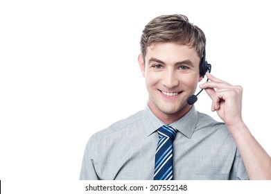 Happy young male customer support executive