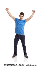 Happy Young Man With Arms Up Isolated On A White Background