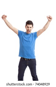 Happy Young Man With Arms Up Isolated On A White Background