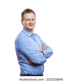 Happy Young Man In Blue Shirt Posing. Studio Shot On White Background.