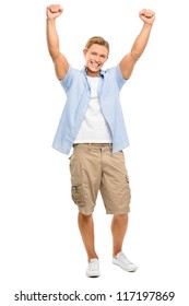 Happy Young Man Celebrating With Arms Up Isolated On White Background