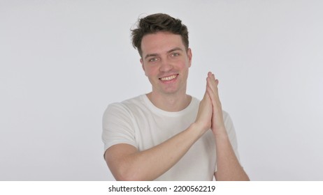 Happy Young Man Clapping On White Background