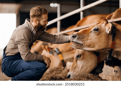 Happy young man farm worker takes care of cows in barn. Concept cattle livestock farming, industry agriculture. - Powered by Shutterstock