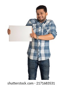 Happy Young Man Holding Displaying Signboard Stock Photo 2171683531 ...