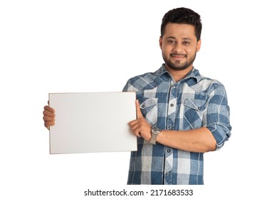 Happy Young Man Holding Displaying Signboard Stock Photo 2171683533 ...