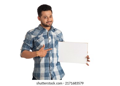 Happy Young Man Holding Displaying Signboard Stock Photo 2171683579 ...