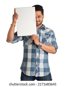 Happy Young Man Holding Displaying Signboard Stock Photo 2171683645 ...