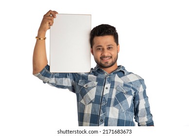 Happy Young Man Holding Displaying Signboard Stock Photo 2171683673 ...