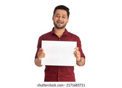 Happy Young Man Holding Displaying Signboard Stock Photo 2171683711 